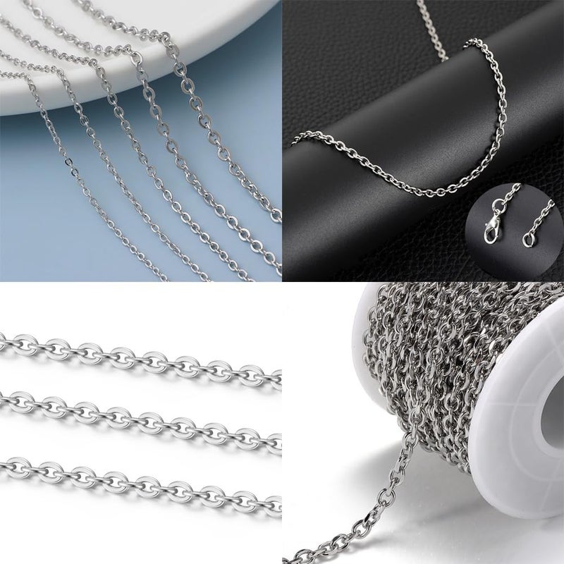 YZDTECH 55ft Cable Link Chain for Jewelry Making,Stainless Steel O-Shaped Chain with 100 Pcs Jump Rings and Lobster Clasps For Keychain DogTag,Silver Plated Necklace Chains for jewellery DIY Craft (0.8*3*4mm) - Image 4